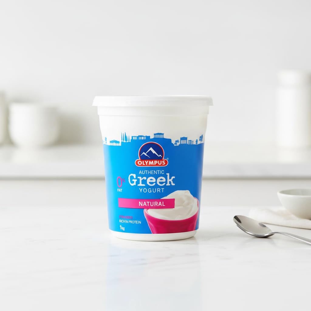 Yogur Griego Auténtico Natural 0% Grasa - 1 kg - Alto en Proteínas (10g/100g) - Sin Azúcares Añadidos y Textura Cremosa - Olympus - Formato Familiar Saludable - NEXU