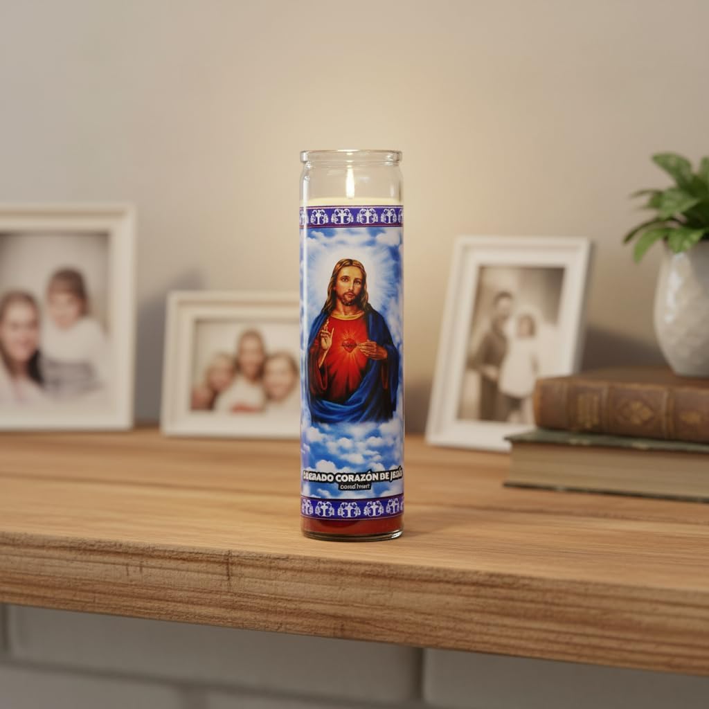 Velón Sagrado Corazón de Jesús - Vela Roja de 7 Días - 100% Parafina de Alta Pureza en Envase de Cristal - Duración Aproximada 110 Horas - Goya - Para Oración y Devoción Espiritual - NEXU