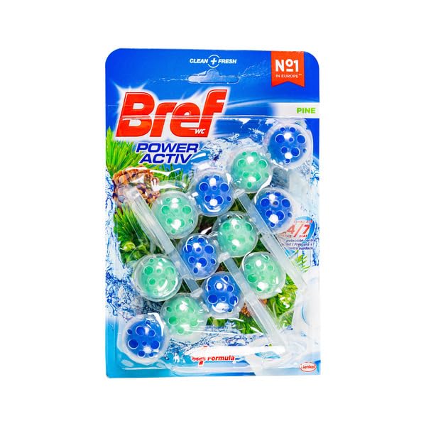 Activ Pino - 3 Pack de 3 Bloques de Inodoro con Fórmula 4 Funciones - Limpiador WC con Efecto Antical y Aroma a Pino Fresco - Protección Continua 24/7 - Bref - 3 x 50g (Total 150g) - NEXU