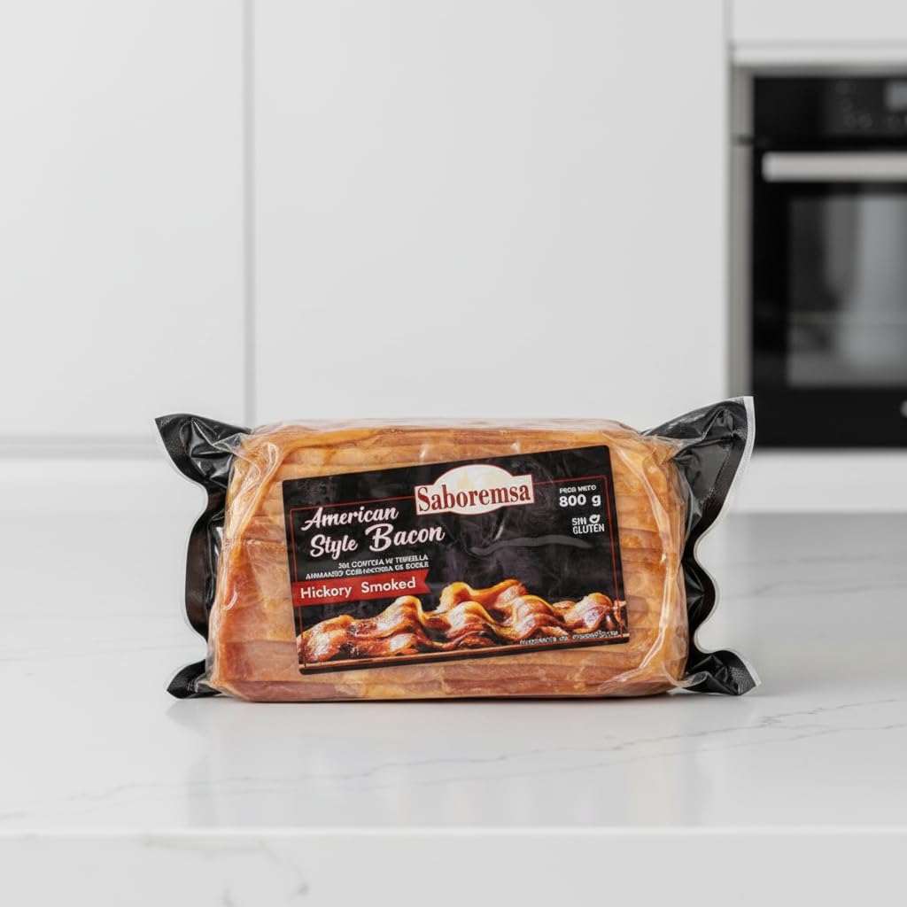 Bacon Estilo Americano Ahumado con Madera de Roble 800g - Tocino Ahumado, Sin Gluten y Sin Corteza - Saboremsa - Ideal para Desayunos y Hamburguesas - NEXU