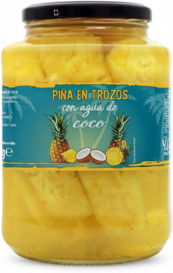 Piña en Trozos con Agua de Coco 1190g - Snack Saludable 100% Natural sin Azúcares Añadidos - Fruta en Tarro de Cristal - We Natural - Ideal para Deportistas y Ensaladas - 69 kcal por 100g - NEXU