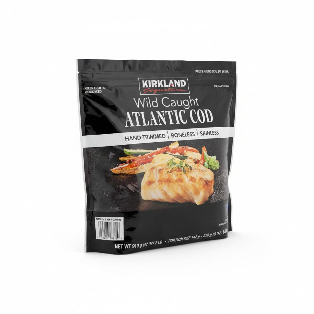 Bacalao del Atlántico de Captura Salvaje (Gadus morhua), 910g - Lomos sin Piel ni Espinas - Certificado MCS -Kirkland - Rico en Proteína y Bajo en Calorías - NEXU
