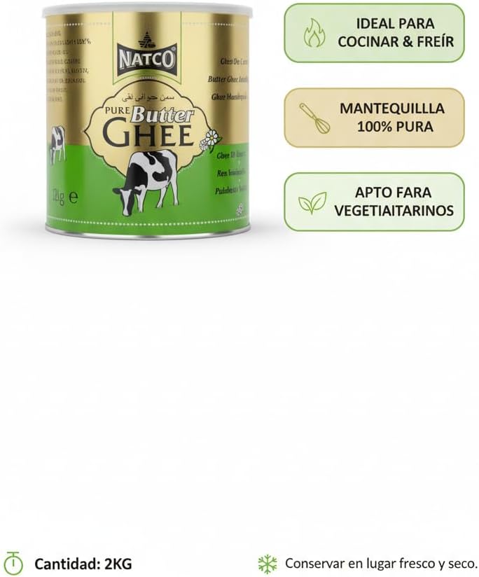 Mantequilla Clarificada Pura 2kg - Natco Pure Butter Ghee - Ideal para Cocinar, Freír y Hornear - 100% Natural, Sin Aditivos - Apto para Vegetarianos - Formato Ahorro