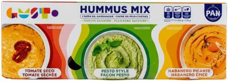 Pack de 3 Hummus Variados - Tomate Seco, Estilo Pesto y Habanero Picante - 3 x 250g (750g) - Aperitivo Saludable de Garbanzos y Sésamo para Dipear - GUSTO by P.A.N. - NEXU