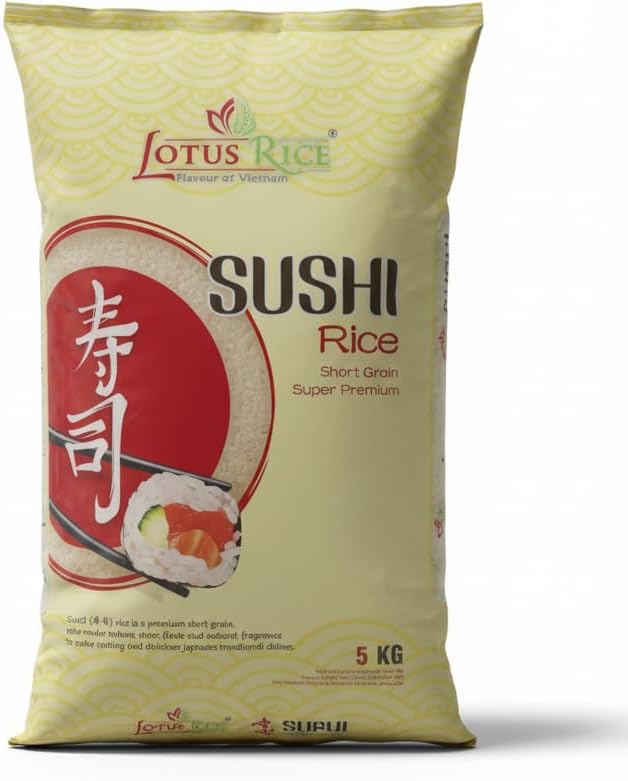 Arroz para Sushi Lotus Rice Grano Corto Premium 5kg - Arroz Japonés Superior para Sushi, Maki y Nigiri - Textura Tierna y Sabor Dulce Natural