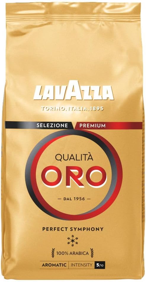 Lavazza, Qualità Oro, Café en Grano Natural, Ideal para la Máquina de Café Espresso, con Notas Aromáticas de Frutas y Flores, 100% Arábica, Intensidad 5, Tueste Medio, Paquete de 1 kg