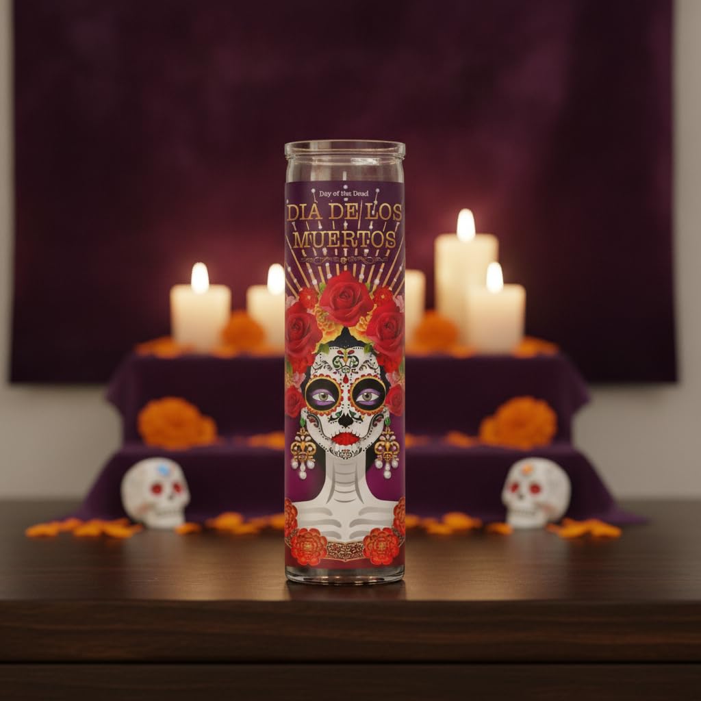 Vela Temática Día de los Muertos - Diseño Edición Especial Catrina en Vaso de Cristal Cilíndrico - Decoración para Altar de Ofrenda, Halloween y Hogar - Vela con Motivos de Calaveras y Flores - NEXU