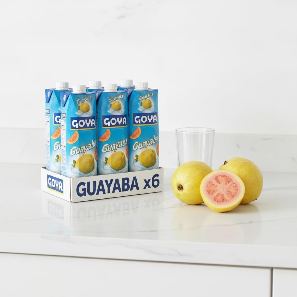 Jugo de Guayaba - Néctar Tropical con Vitamina C - Pack de 6 Unidades de 1 Litro - Formato Ahorro Familiar en Tetra Brick - Goya - Bebida Refrescante y Saludable para Toda la Familia - NEXU