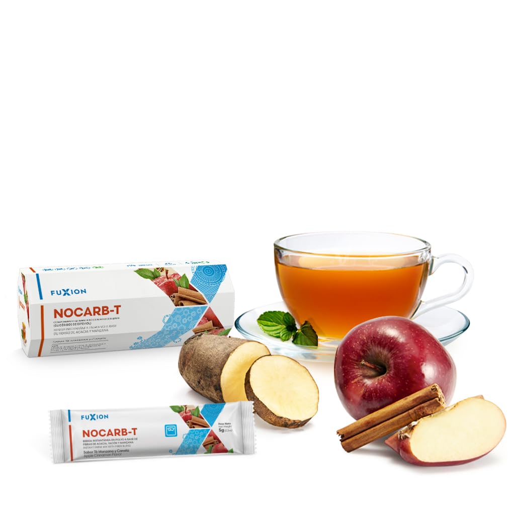 NOCARB T | Té de Fibras Solubles Naturales (Yacón, Acacia, Inulina, Pectina de Manzana) + Canela + Té Verde + Cromo | Control de Azúcar y Carbohidratos | Sabor Manzana & Canela | 1 Caja de 7 Sticks