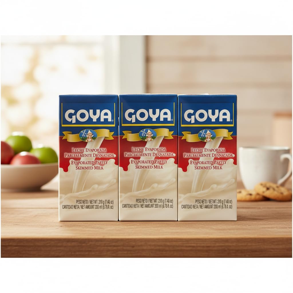 Leche Evaporada Parcialmente Desnatada - Pack de 3 Unidades (3 x 210g) - Ideal para Repostería, Salsas y Café - GOYA - Textura Cremosa y Versátil para Cocinar - NEXU
