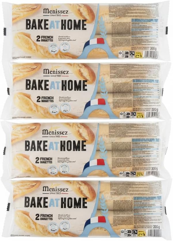 Pack de 8 Baguettes Francesas (4 x 2 Unidades) - 300g (1.2kg) - 8 unidades - Pan Crujiente para Hornear - Formato Ahorro - Menissez Bake at Home - Apto para Air Fryer - NEXU