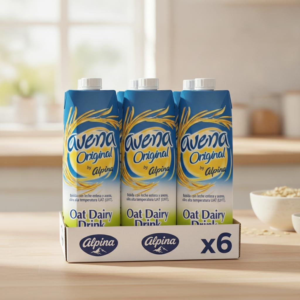 Avena Original - Bebida de Leche y Avena - Pack Ahorro 6 x 1 Litro - Rica en Calcio y Proteínas - Formato Familiar Brik con Tapón de Rosca - Alpina - NEXU