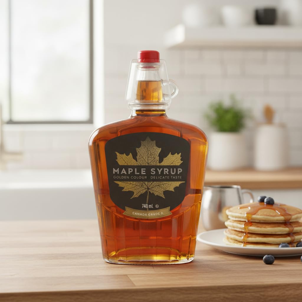 Jarabe de Arce 100% Puro de Canadá Grado A - Sirope de Arce Natural 740 ml en Botella de Vidrio Reutilizable - Endulzante para Tortitas, Gofres y Repostería - Color Dorado - NEXU