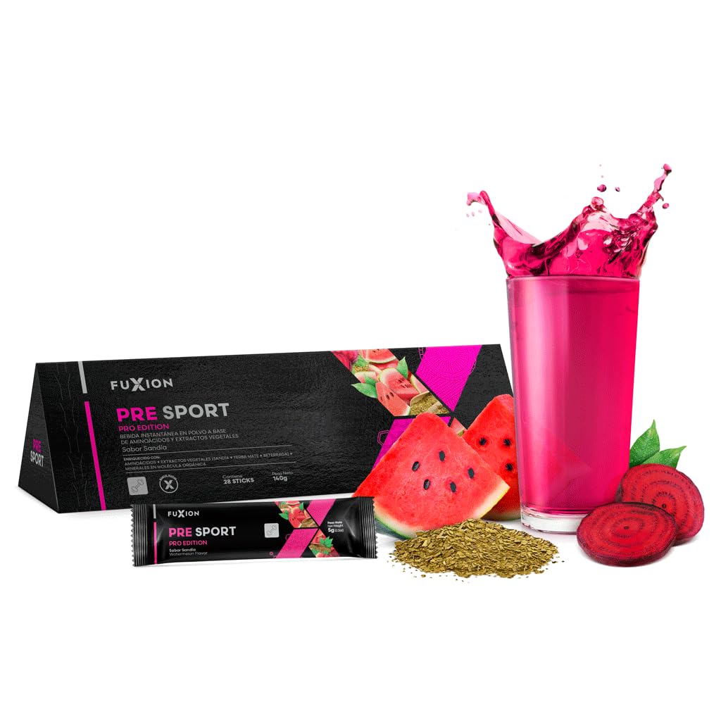 FUXION - PRE SPORT – Té bebida Energizante e Isotónico Natural para Antes del Entrenamiento | Con Aminoácidos, Yerba Mate, Betarraga y Sandía | 1 CAJA CON 28 STICK | Sabor Refrescante