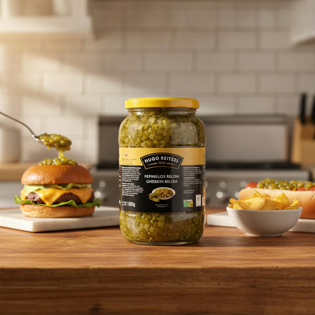 Pepinillos Relish - Gherkin Relish Dulce para Hamburguesas y Hot Dogs - Tarro de 1000g - Sabor Tradicional desde 1909 - Ideal para Salsas y Guarniciones - NEXU