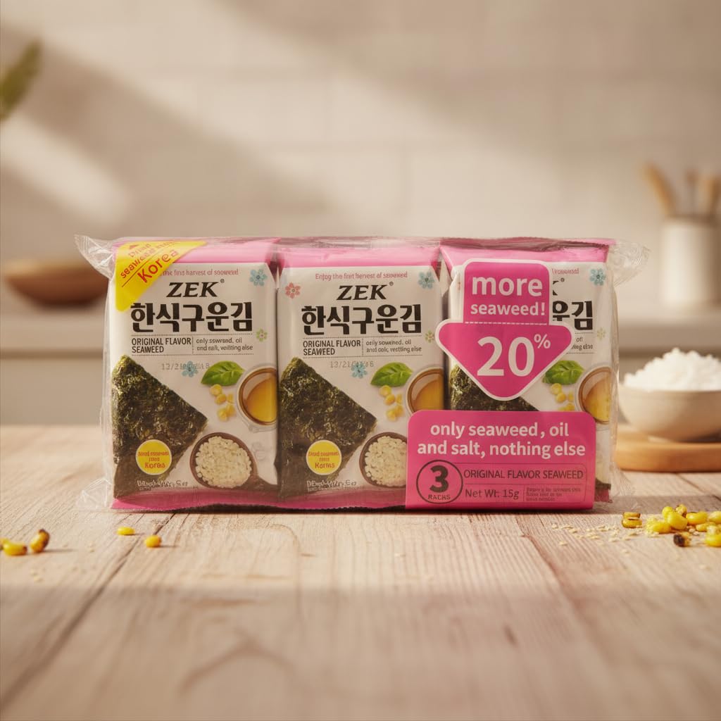Alga Nori Tostada Sabor Original - Pack de 3 x 5g (15g Total) - Snack de Algas Coreanas Crujientes de Primera Cosecha - Ideal para Sushi, Arroz y Dietas Saludables - Sin Aditivos Artificiales - NEXU