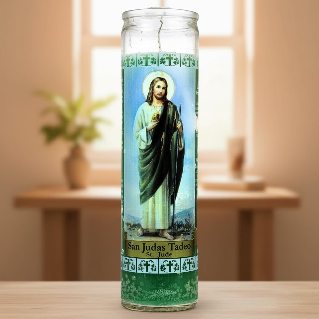 Velón San Judas Tadeo - Vela de Oración de 7 Días - 100% Parafina Verde en Envase de Cristal - Cirio para Peticiones y Causas Imposibles - Goya - Duración 110 Horas - 1 Unidad - NEXU