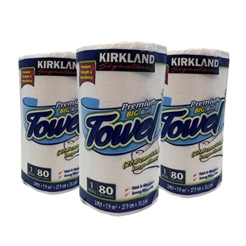 Kirkland Signature Roll Towel | Tela, blanco, azul, 27,9 cm x 35,5 cm, 3 paquetes x 80 hojas