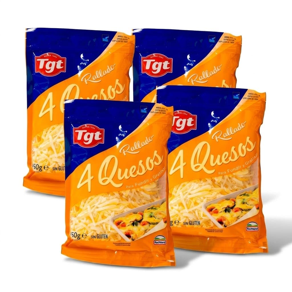 Rallado 4 Quesos para Fundir y Gratinar - Pack de 4 x 150g - Mezcla de Mozzarella, Gouda, Cheddar y Emmental - Sin Gluten - TGT - Especial para Pizza y Pasta - NEXU