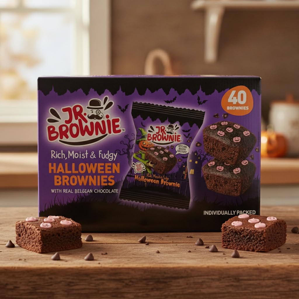 Mini Brownies de Chocolate Belga Edición de Halloween - Pack de 40 Unidades (1kg) - Bizcochos Tiernos Envasados Individualmente con Decoración Temática - Certificado Halal - NEXU