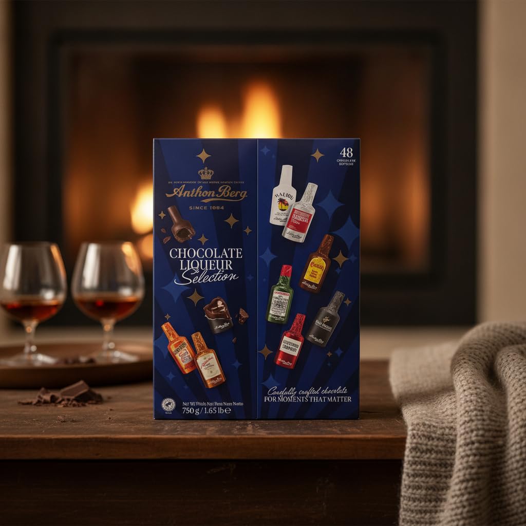 Anthon Berg Selección de 48 Botellas de Chocolate Negro con Licor - Estuche de 750g - Incluye Cointreau, Remy Martin, Malibu y Kahlúa - Bombones de Chocolate con 50% Cacao Sostenible -by NEXU
