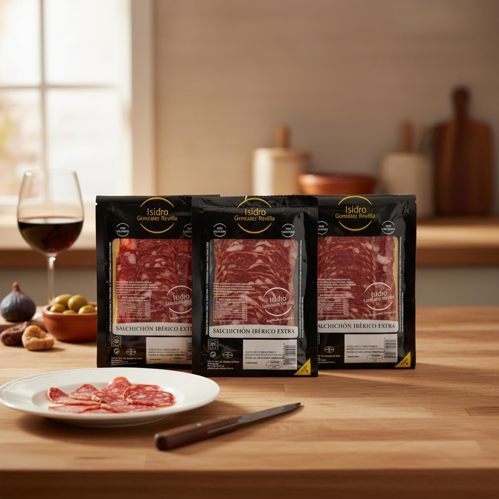 Salchichón Ibérico Extra - Pack 3 Unidades 200g - (Total 600g) - Embutido Tradicional - Sin Gluten y Sin Lactosa - Isidro González Revilla - Envasado al Vacío Formato Ahorro - NEXU