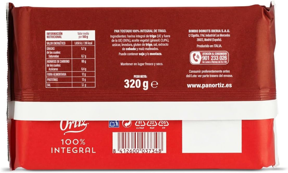 Ortiz - Pan Tostado 100% Integral, Rebanada Extra Crujiente, 30 rebanadas, 320 g
