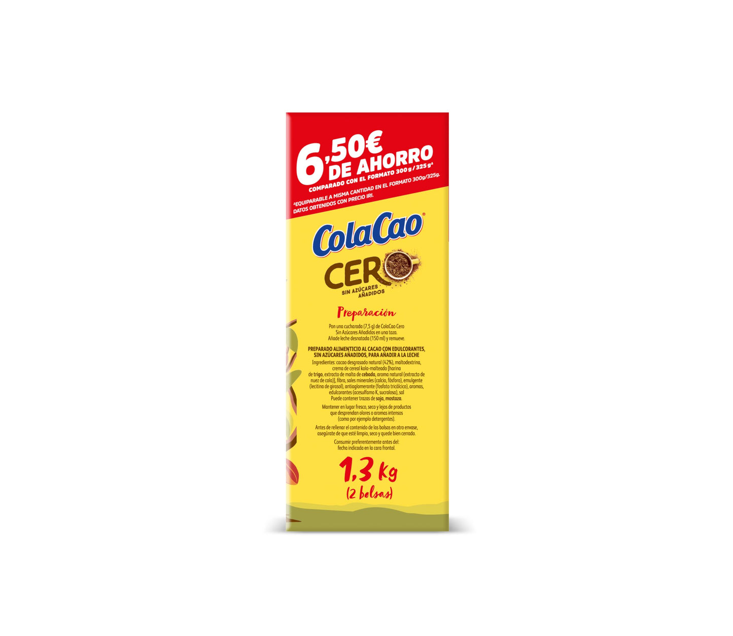 ColaCao Cero, Cacao Soluble sin Azúcares Añadidos, 1,3 kg, 92 Raciones (Paquete de 2)