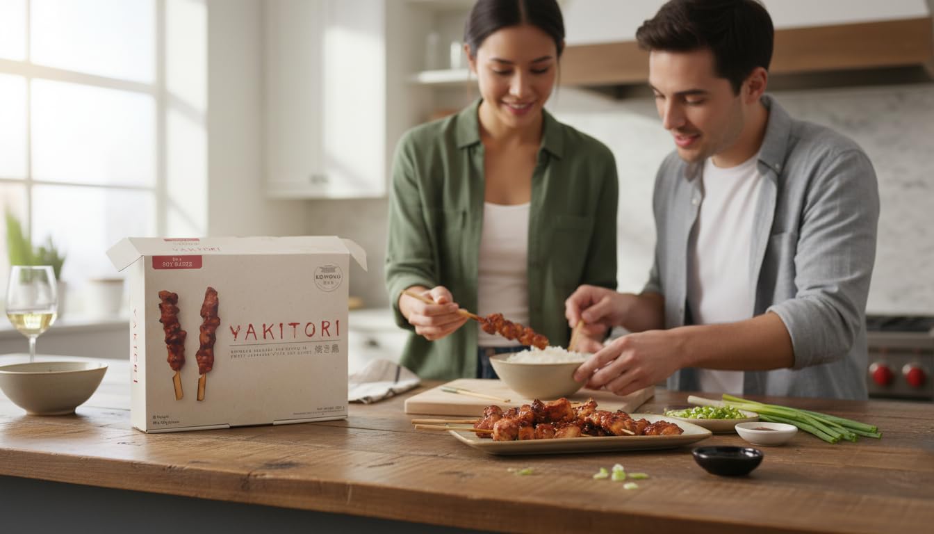 Komoro Oriental Bites - Yakitori de Pollo Marinado en Salsa de Soja Dulce Estilo Japonés, 40 Brochetas de 25g (1kg), Envío Refrigerado con Cadena de Frío Garantizada, Certificado Halal