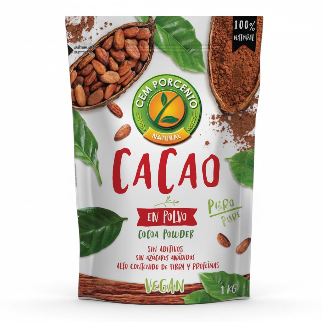 Cacao en Polvo 100% Puro y Natural - 1kg de Cacao Sin Azúcar Añadido, Alto en Fibra y Proteína, Vegano - Cem Porcento - Ideal para Repostería, Batidos y Chocolate a la Taza - NEXU