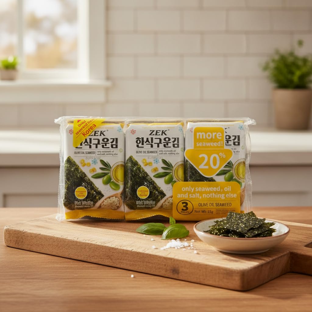 Algas Nori Tostadas con Aceite de Oliva - Snack Coreano Crujiente de Primera Cosecha - Fuente de Proteína y Sin Azúcar - Pack de 3 Unidades (15g Total) - NEXU