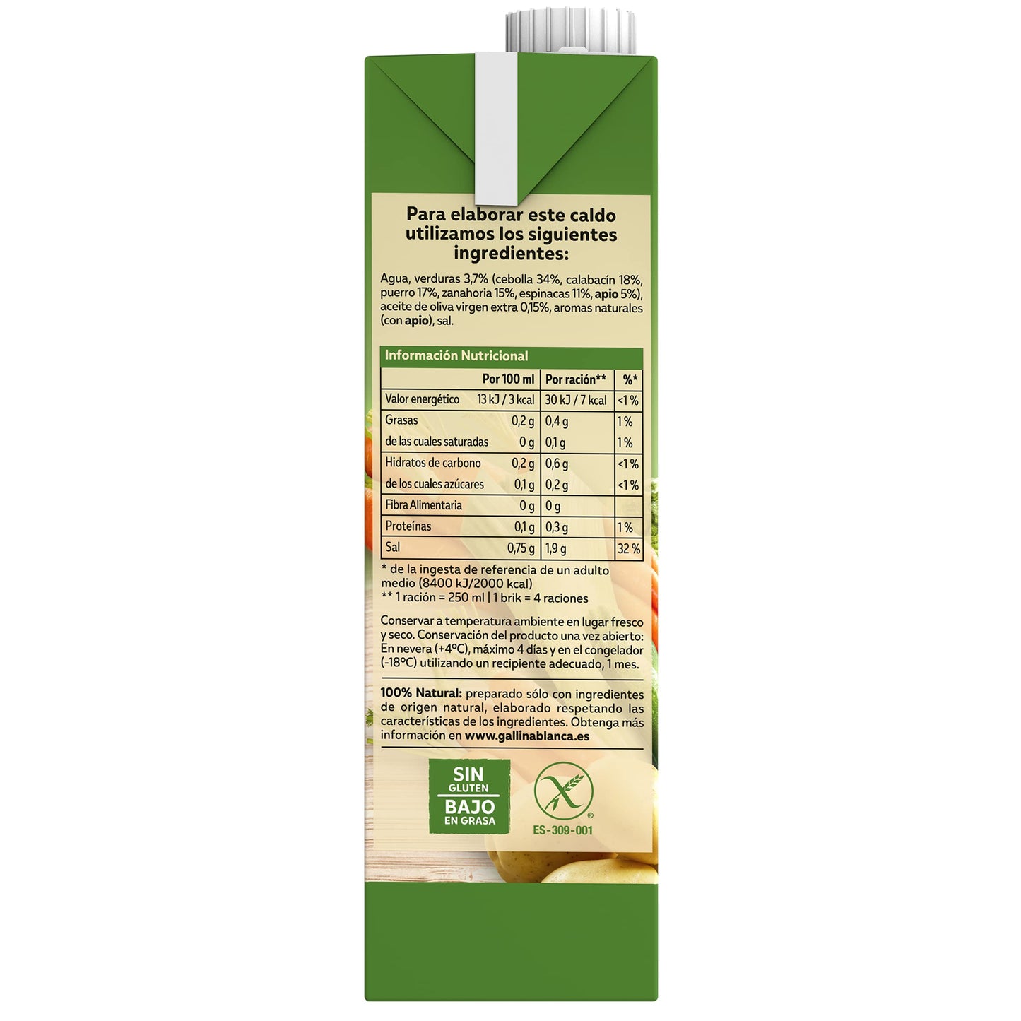 GALLINA BLANCA Caldo Casero de Verduras 100% Natural | Elaborado con Verduras Seleccionadas de la Huerta, Cocinado a Fuego Lento. Sin Gluten, Sin Conservantes, Bajo en Grasa - 1L