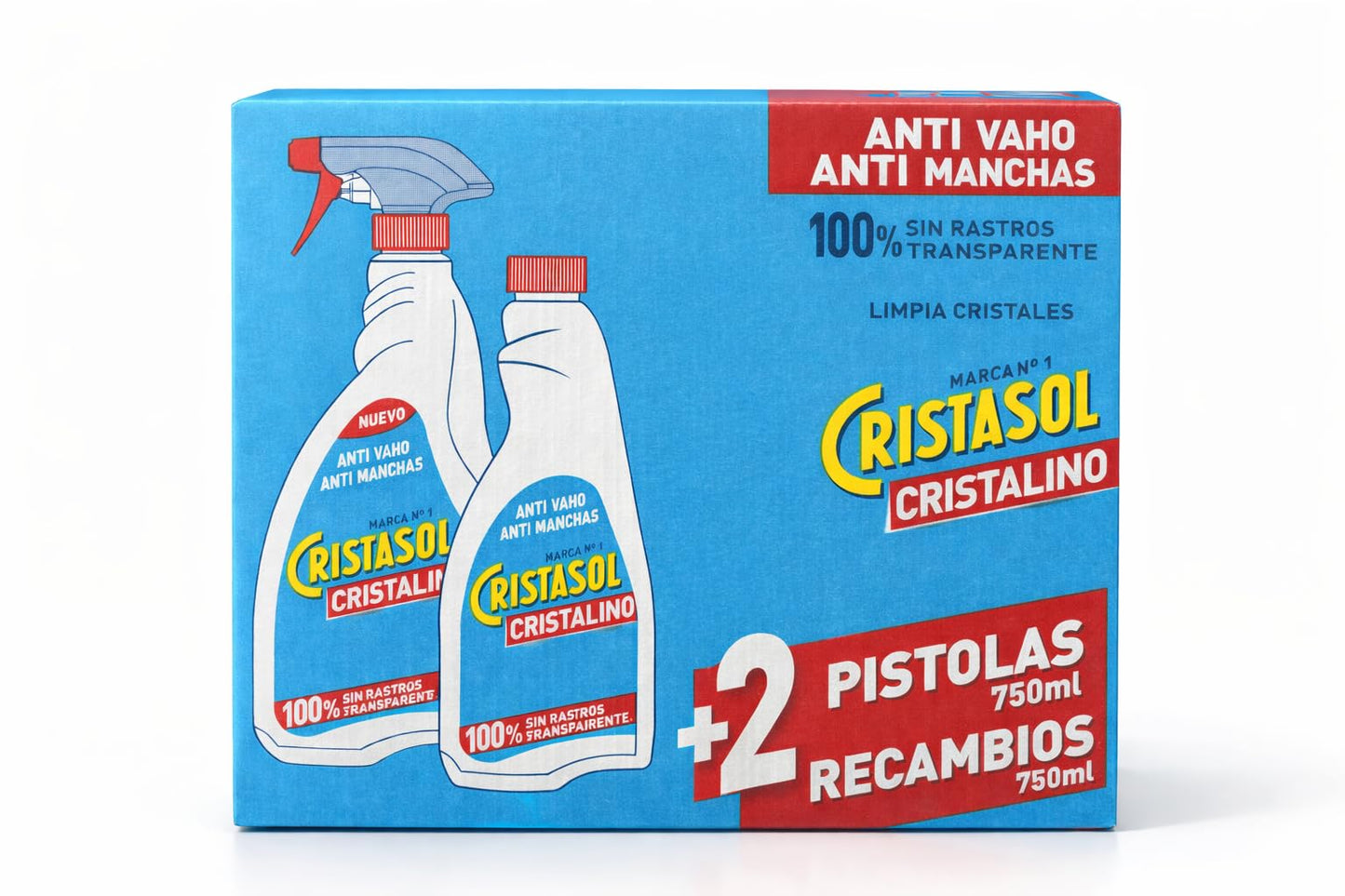 Limpiador para Cristales Anti Vaho Anti Manchas, Pack 2 Pistolas + 2 Recambios, 750ml cada uno, Líquido, Transparente, 3 Litros Total