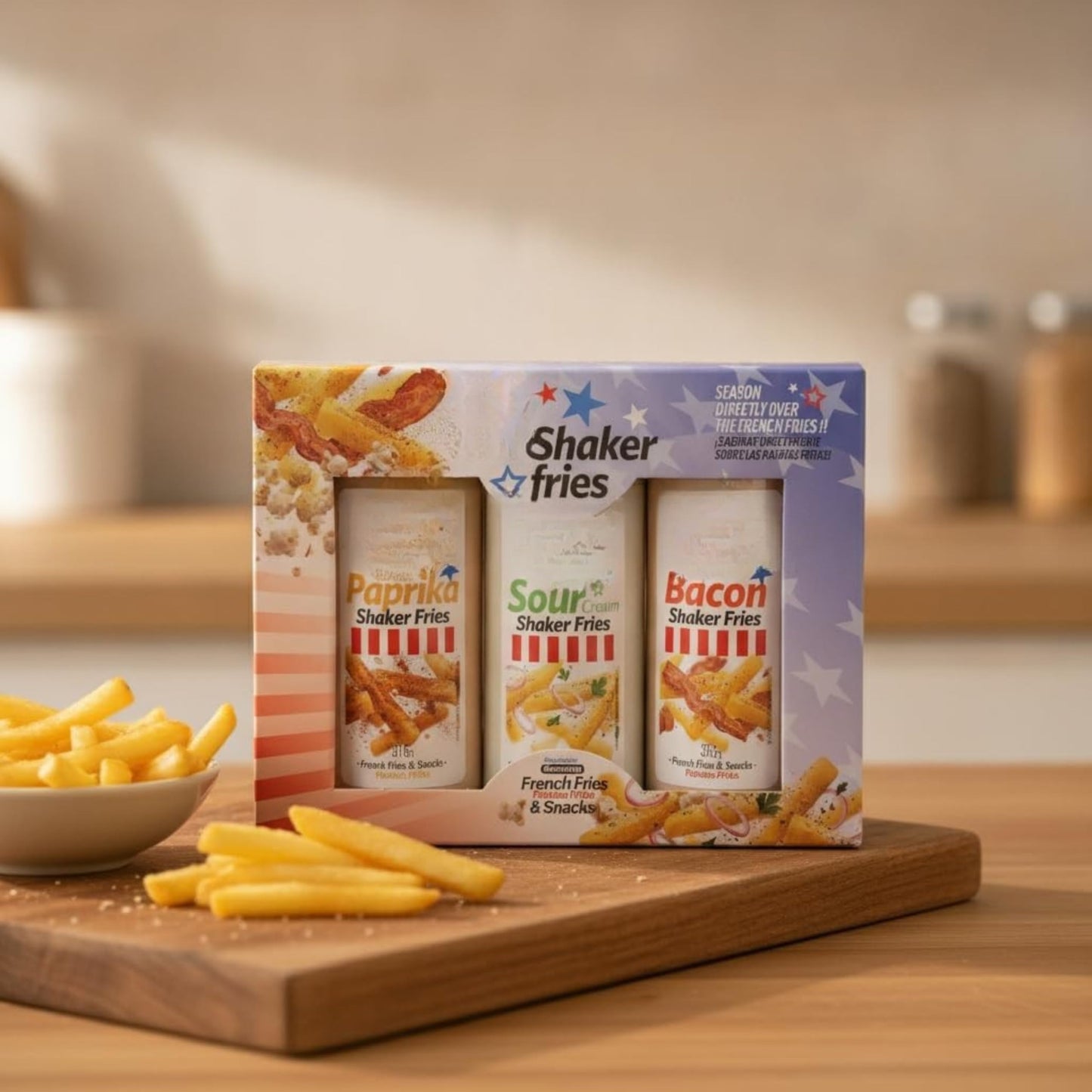 Shaker Fries - Pack 3 Sazonadores para Patatas Fritas y Snacks (965g) Total - Sabores Bacon, Sour Cream, Paprika & Vinegar - Condimento Sin Gluten para Palomitas y Aperitivos - NEXU