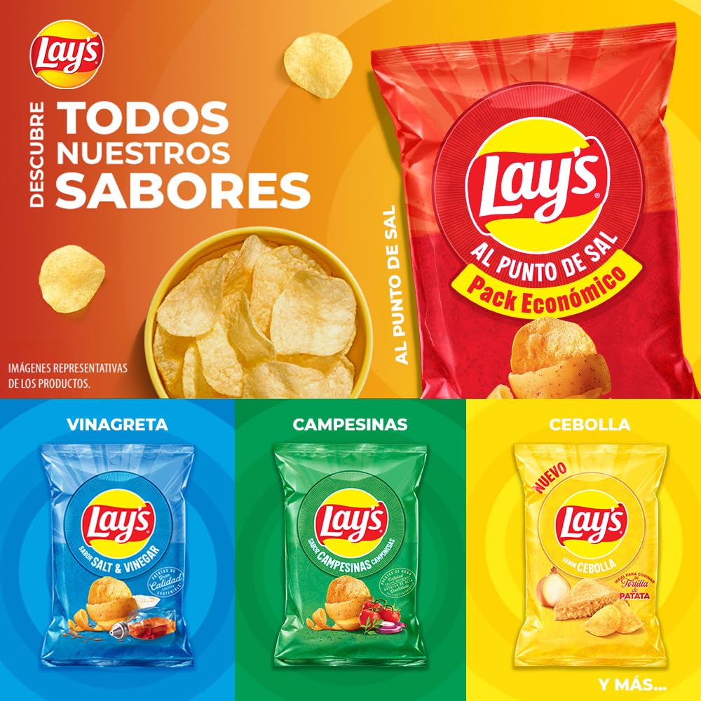 Lay's al punto de sal, Patatas Fritas de cultivos sostenibles con sabores vegetales, Producto de Aperitivo, bolsa familiar, 248 g
