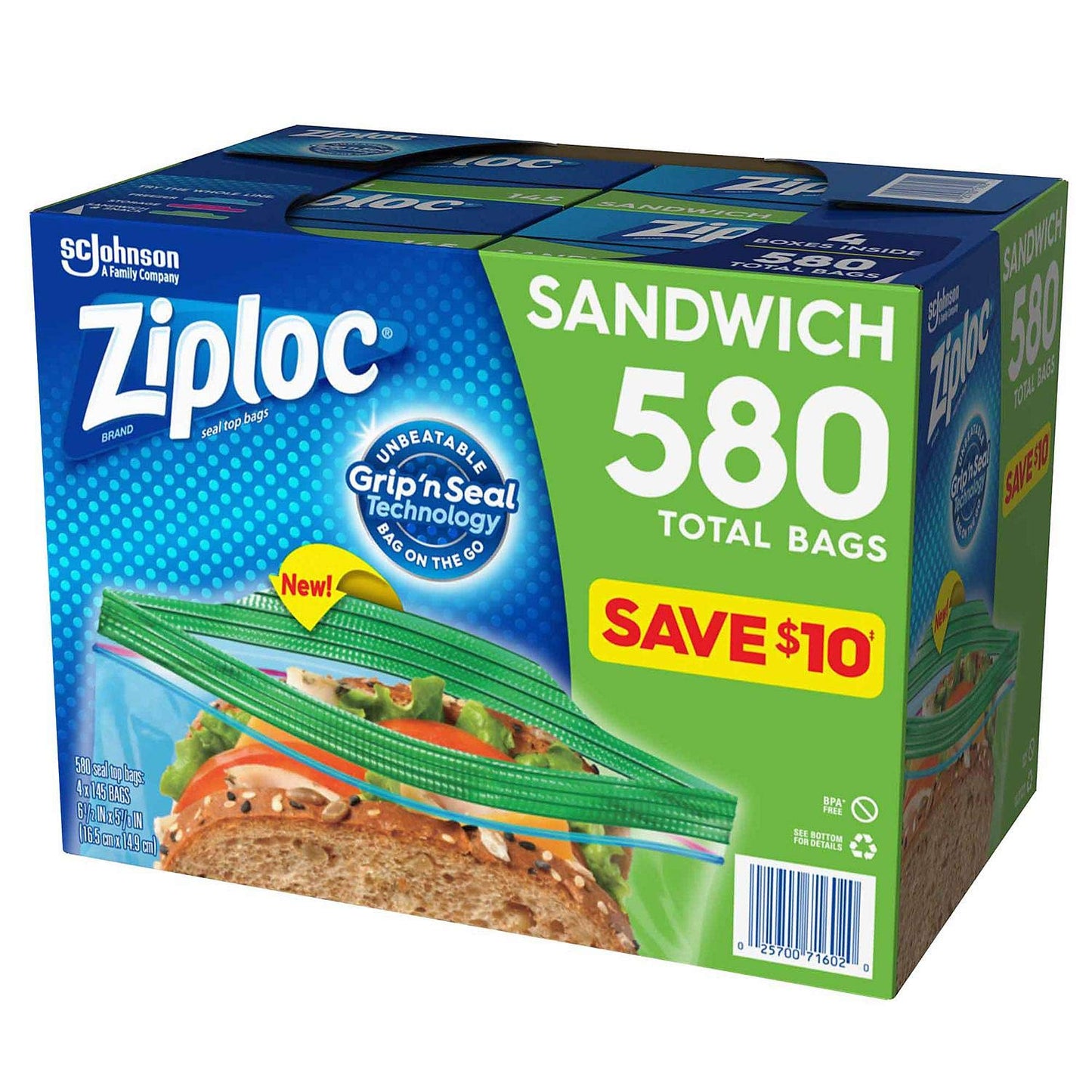Ziploc Easy Open Tabs Bolsas para sándwich 580, 145 unidades (Paquete de 4)