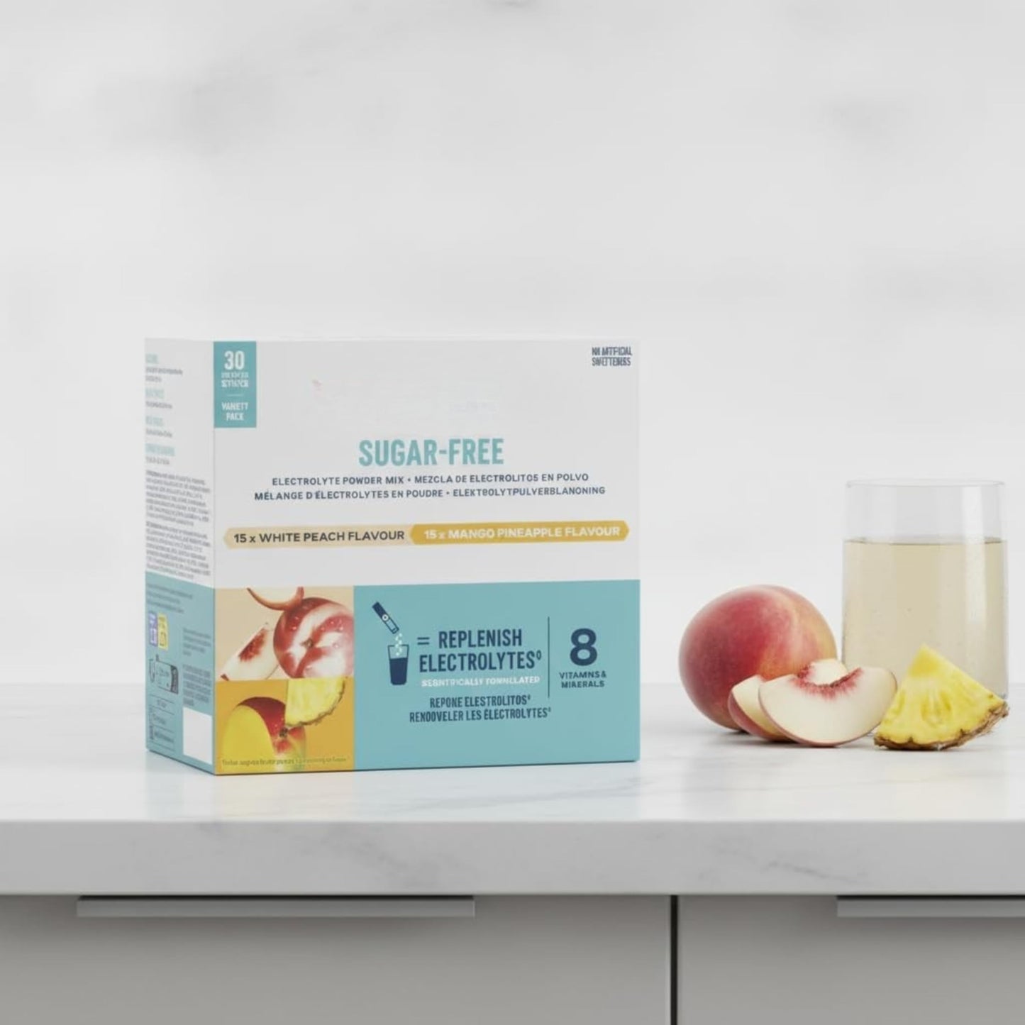 Mezcla de Electrolitos en Polvo Sin Azúcar - Pack de Variedad (30 Sobres) - Sabores Melocotón Blanco y Mango Piña - Hidratación con 8 Vitaminas, Minerales y Aminoácidos - NEXU