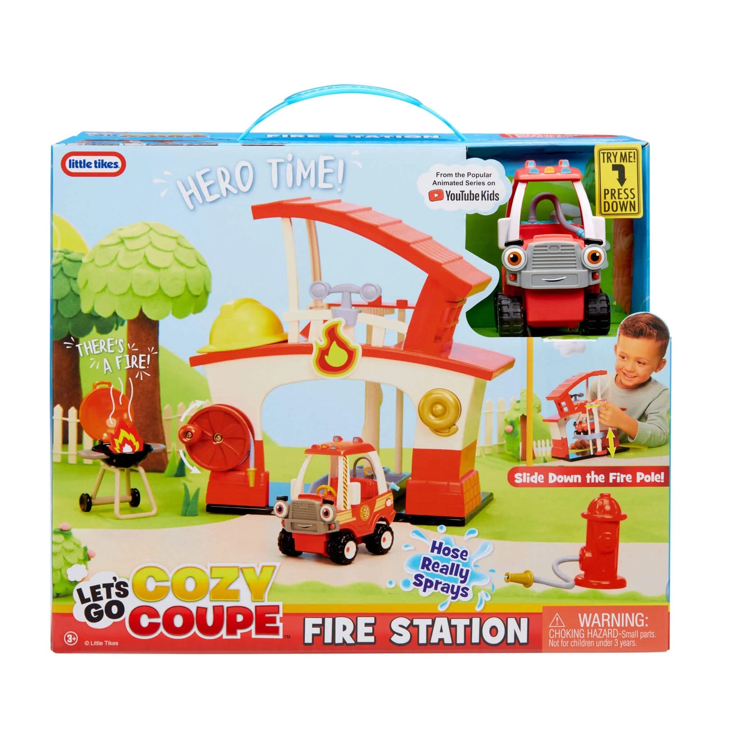 Little Tikes Let's Go Cozy Coupe Estación de Bomberos - Incluye un camión de bomberos, un sombrero, una parrilla para barbacoa y una boca de incendios - Edad: 3+ años