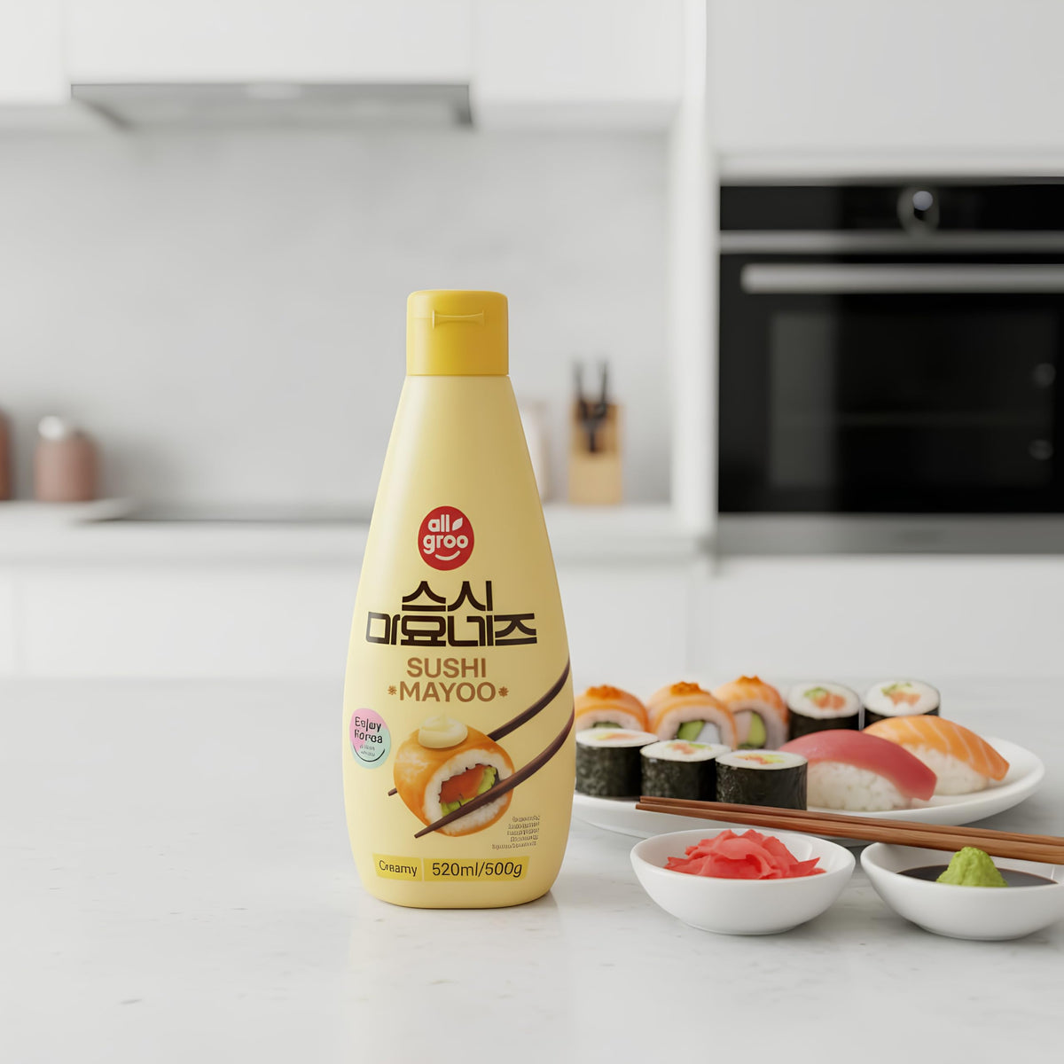 Sushi Mayoo - Mayonesa Cremosa para Sushi 520ml, Salsa Coreana Auténtica para Decoración de Rollos y Dips - Sabor Suave con Dosificador de Precisión, 500g - NEXU