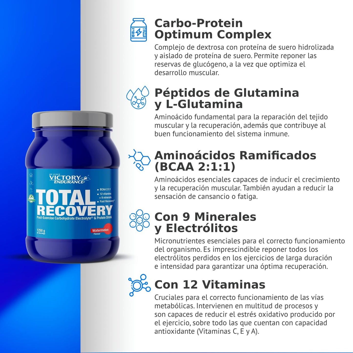 Victory Endurance Total Recovery (1250g) Sabor Sandía, Preparado Bebida Post-Entreno de Carbohidratos Electrolitos y Proteínas, Con BCAA 2:1:1, 12 Vitaminas y 9 Minerales, Recuperación Rápida