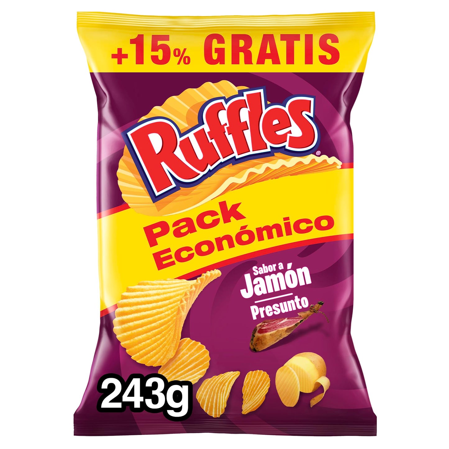 Ruffles Jamón, Patatas Fritas con sabor a jamón, Producto de Aperitivo, bolsa familiar,