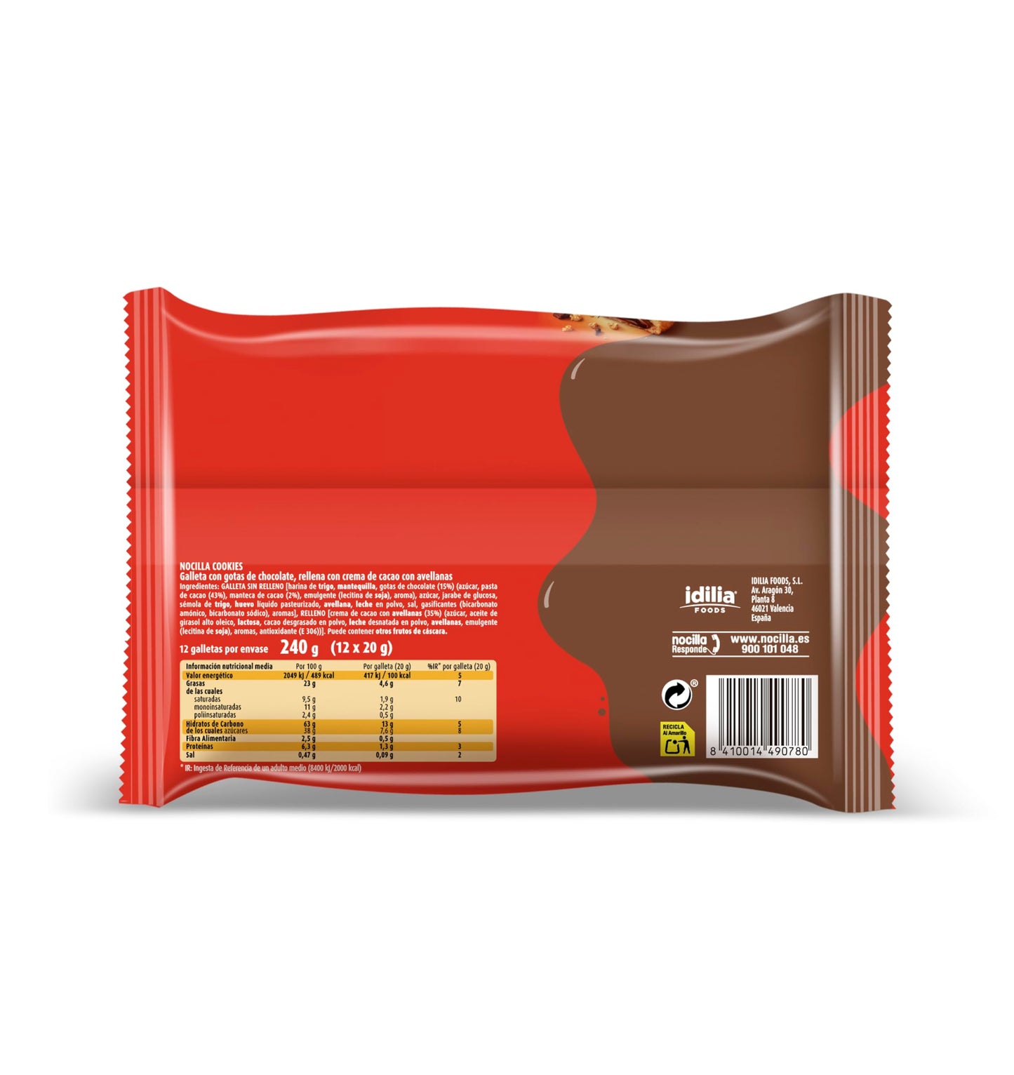 Nocilla, Cookies, Original, Galletas con gota de chocolate rellenas con crema de cacao con avellanas - Pack de 12 unidades - 240G