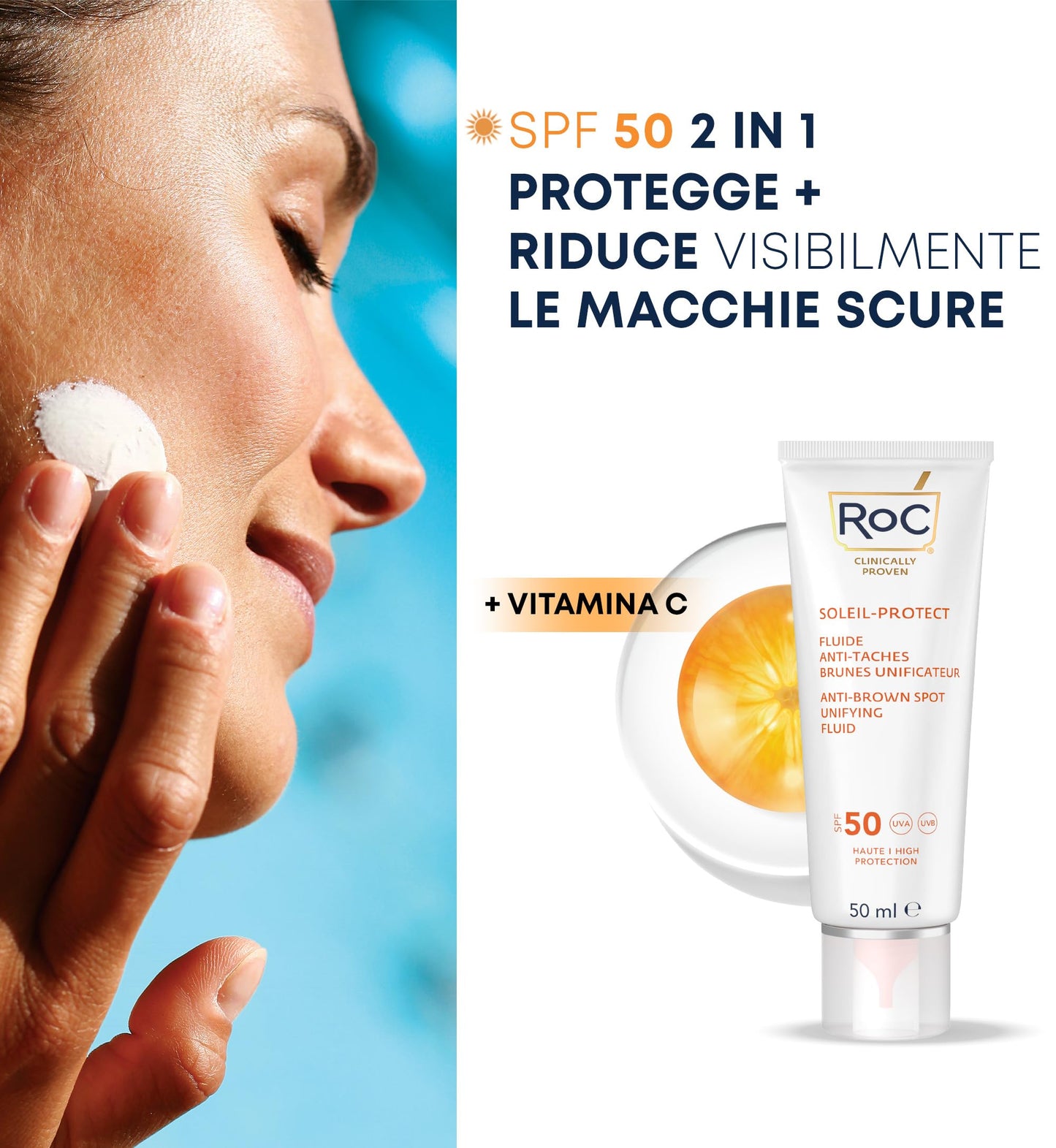 RoC - Soleil-Protect Fluido Unificador Anti Mancha Marrón SPF 50 - Crema Hidratante Facial con Vitamina C - Reduce las Manchas Marrones - 50 ml