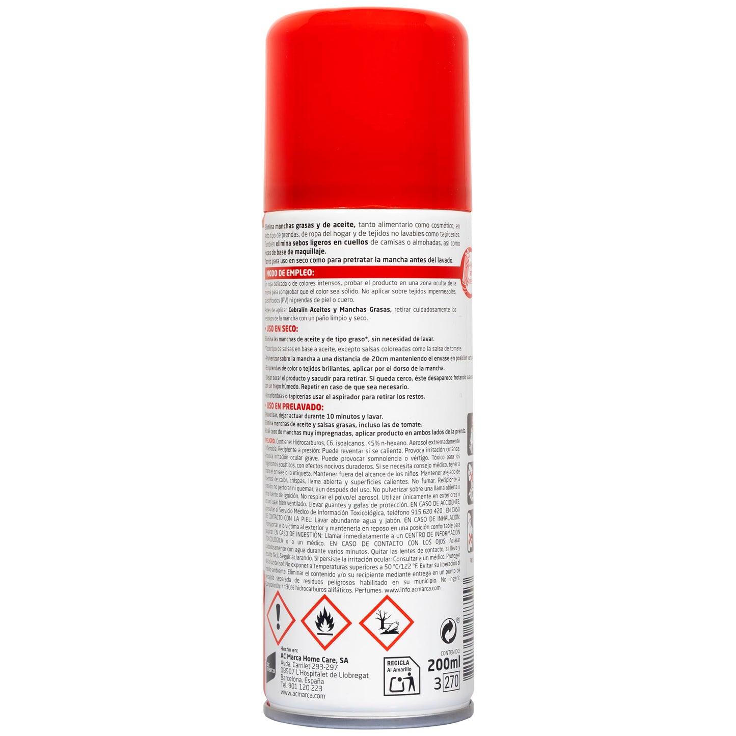 Cebralin - Quitamanchas en Spray, Elimina Manchas de Aceite y Grasas en Textiles, Uso en Seco y Prelavado - 200 ml
