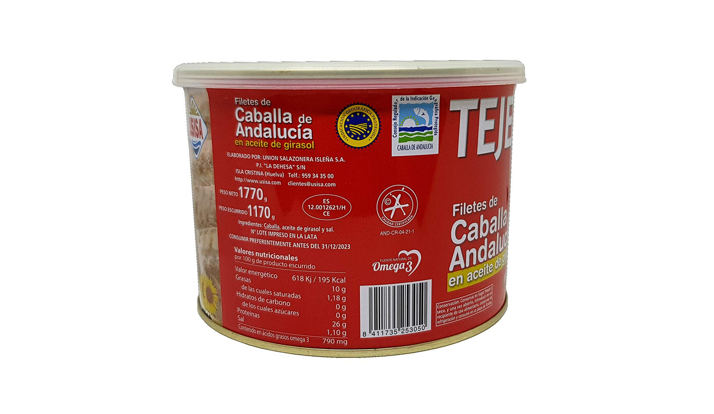 Filetes de Caballa en Aceite Girasol - 1 Lata x 1170 g - TEJERO - Conserva de Pescado