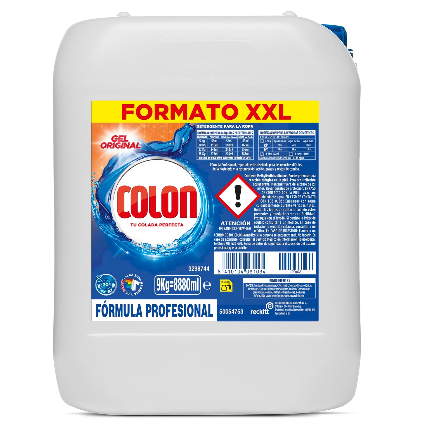 Colon - Detergente para lavadora profesional, adecuado para ropa blanca y de color, formato gel - 9 kg, 134 Dosis
