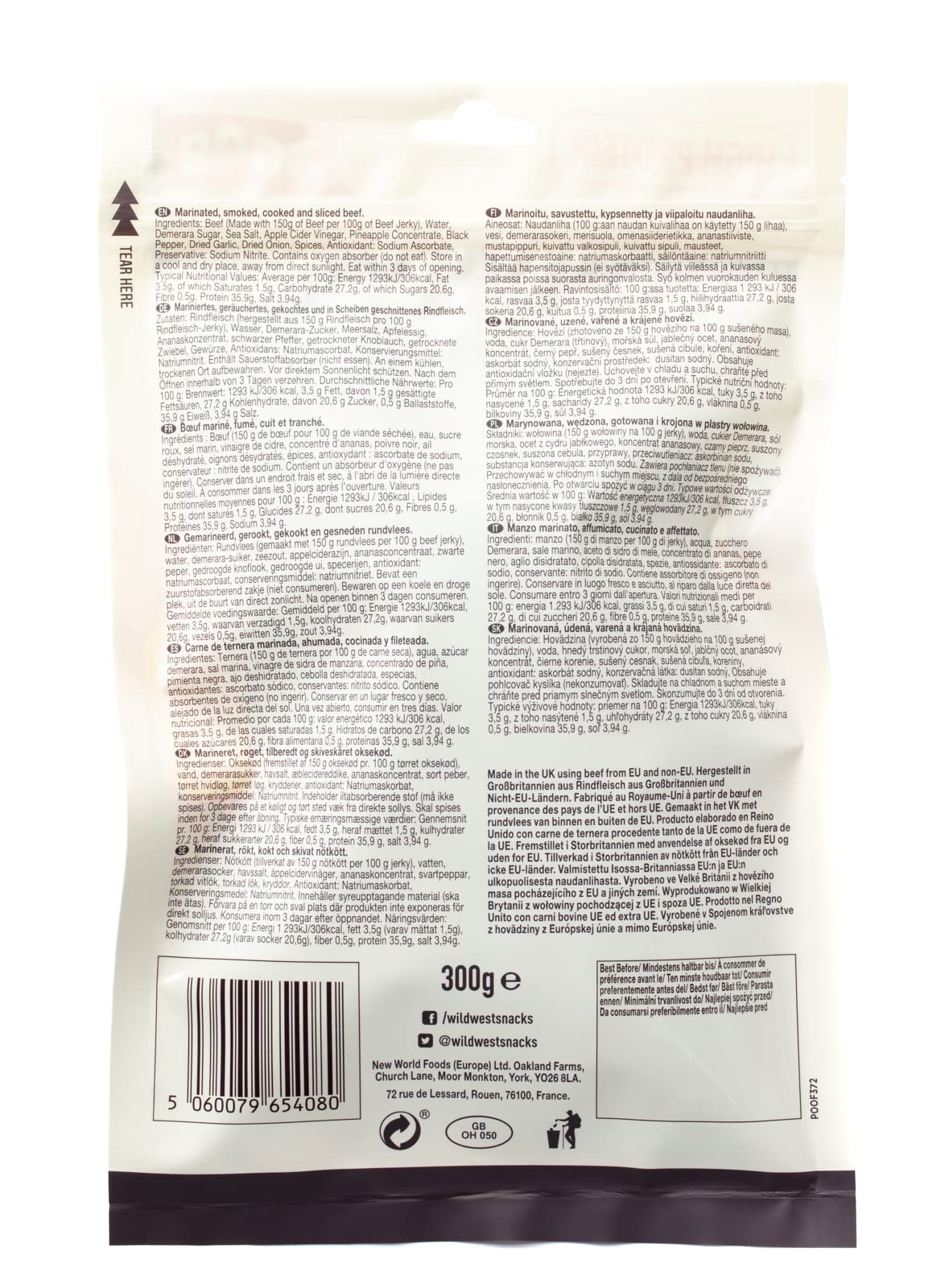 Wild West Beef Jerky, 300 g Original, carne seca altamente proteica, snack proteico Beef Jerky, cecina de vaca