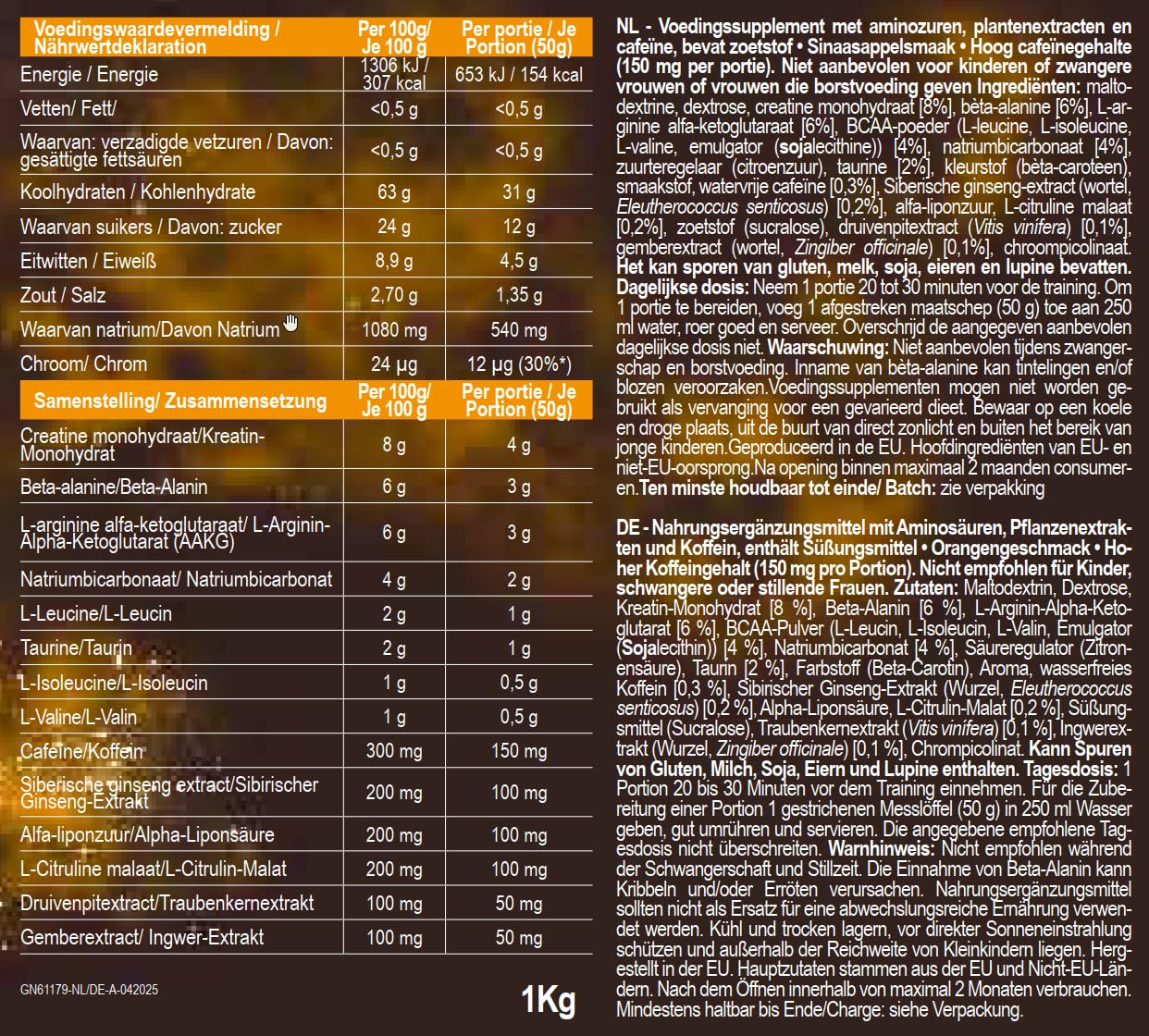 GoldNutrition, Pre-Workout Explosive, Bebída Energética en Polvo con Creatina, AAKG, Beta Alanina, Cafeína y Taurina, Ideal para Entrenamientos Cortos e Intensos, Sabor Naranja, 1 kg