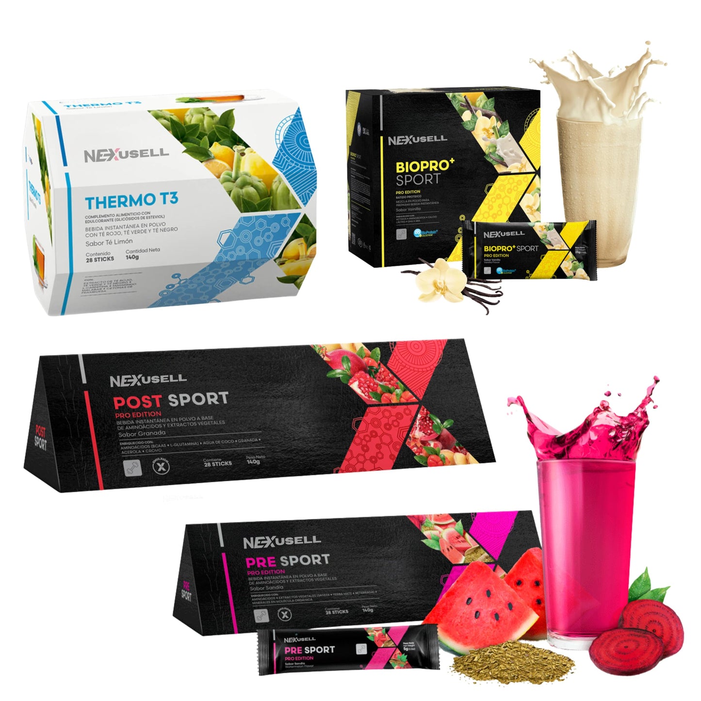 FUXION PACK De Té SPORT 5 en 1 | 112 Sobres | Batido Proteico, Energía Pre y Post Entreno, Recuperación y Control de Peso | 2 Cajas Biopro+ Sport + Pre Sport + Post Sport + Thermo T3 | Nutrición Deportiva