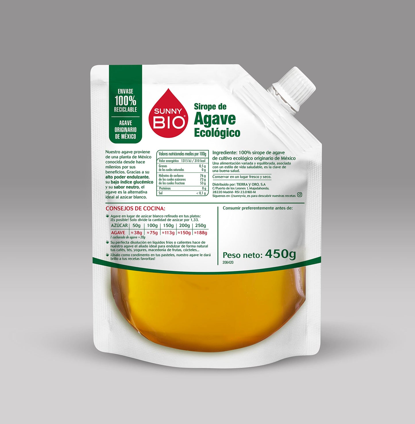 Sunny Bio. Sirope De Agave Natural En Envase DoyPack. Miel De Agave Endulzante Saludable Y Edulcorante Natural Sin Azúcar. 450 g.